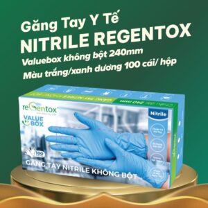 Găng tay Y tế Nitrile Regentox Valuebox không bột 240mm trắng/xanh dương (100 cái/hộp)